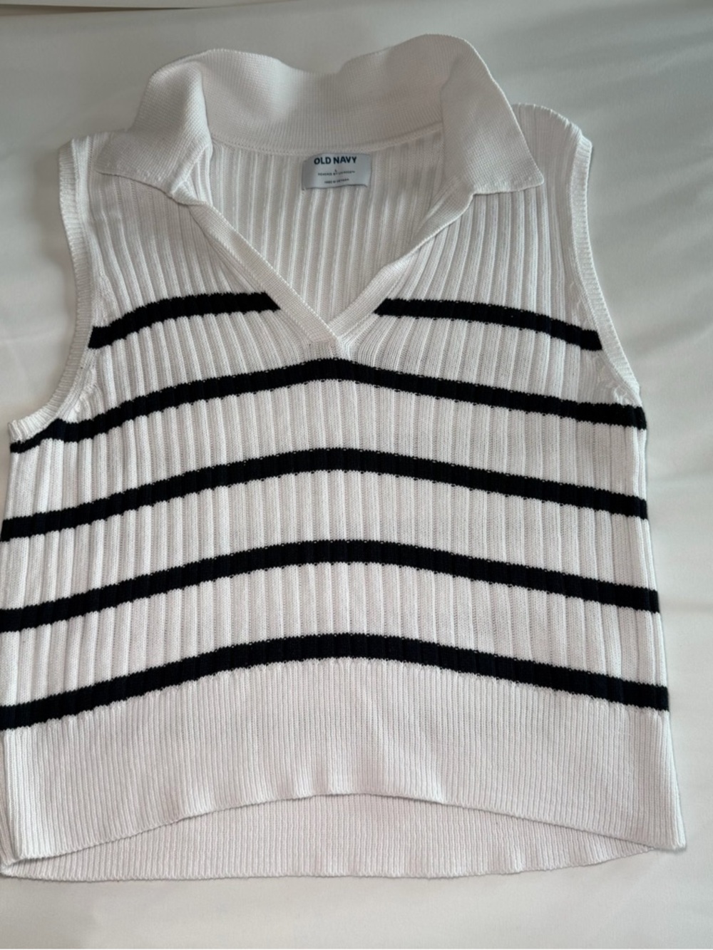 Old Navy White Ribbed Knit Tank Top with Blue Logo Tag